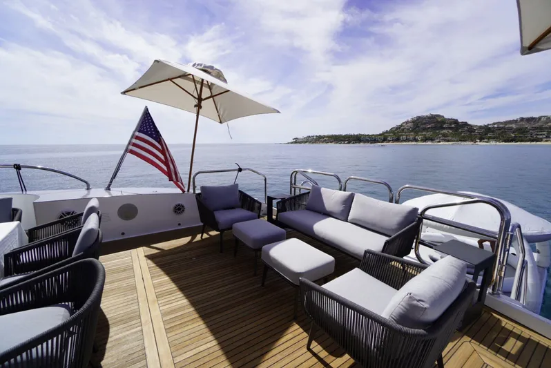 Go Yacht Photos Pics Luxurious 2008 Leopard 34 yacht deck with seating, umbrella, and ocean view.