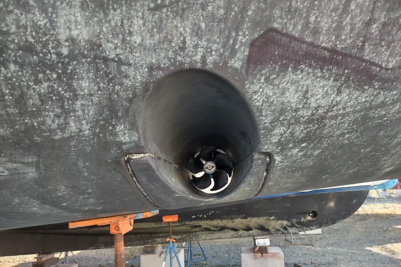 Indigo Sea Yacht Photos Pics Close-up of a 2018 Beneteau Sense 57 yacht's bow thruster in dry dock.