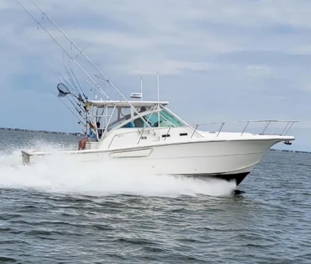 No Interruptions Yacht Photos Pics 2000 Rampage 38 Express boat cruising on open water, equipped with fishing rods.