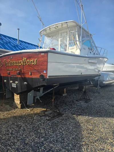 No Interruptions Yacht Photos Pics 2000 Rampage 38 Express boat on stands, gravel lot, blue roof background.