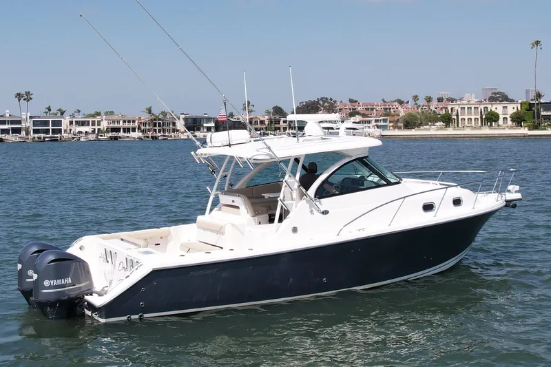 Hobi One Yacht Photos Pics 2015 Pursuit 345 Offshore boat on water with Yamaha engines, coastal background.