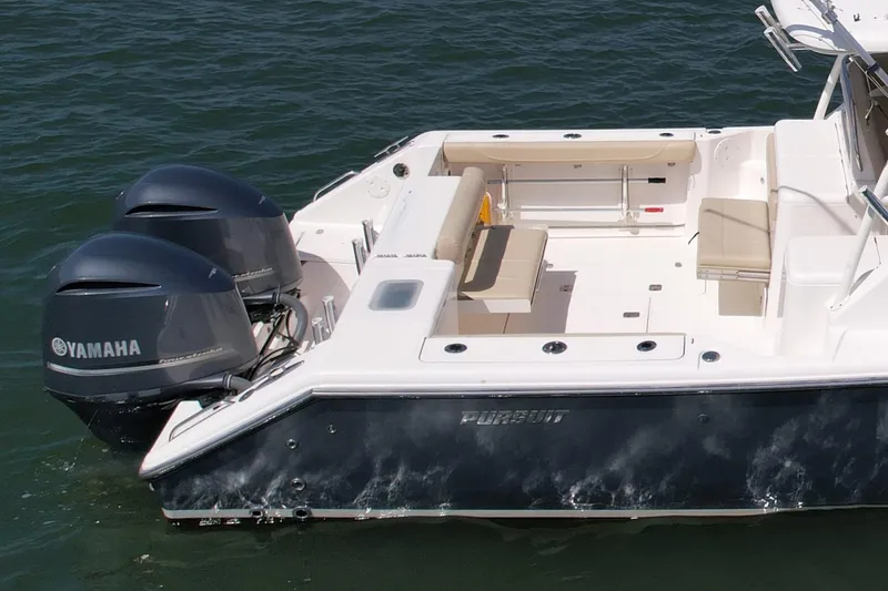 Hobi One Yacht Photos Pics 2015 Pursuit 345 Offshore boat with twin Yamaha engines on water.