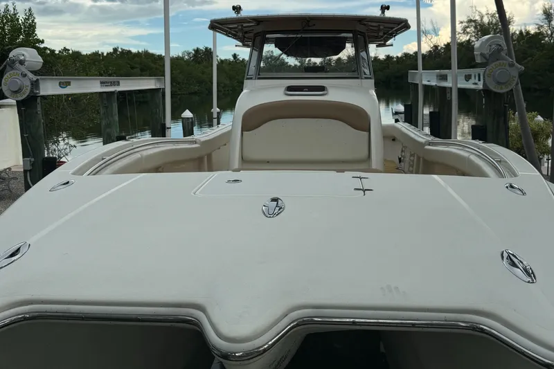  Yacht Photos Pics 2009 Mamba 350 boat docked, showcasing spacious deck and sleek design.