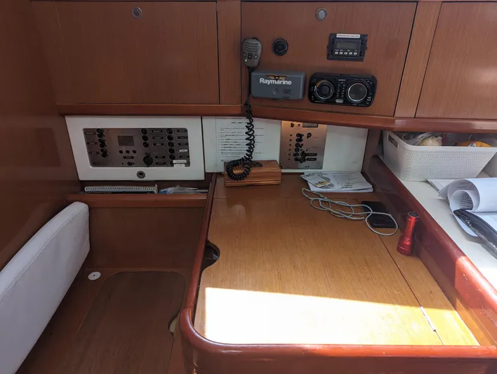 La Gaspesienne Yacht Photos Pics Navigation station of 2011 Beneteau Oceanis 40 yacht with control panels and equipment.