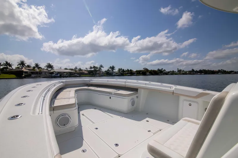 Kat Man Du Yacht Photos Pics 2017 Yellowfin 39 Center Console boat with spacious seating and scenic water view.