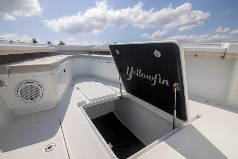 Kat Man Du Yacht Photos Pics 2017 Yellowfin 39 Center Console boat with open storage compartment.