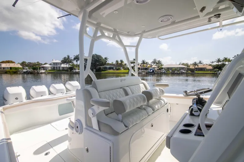 Kat Man Du Yacht Photos Pics 2017 Yellowfin 39 Center Console boat interior with luxurious seating and waterfront view.