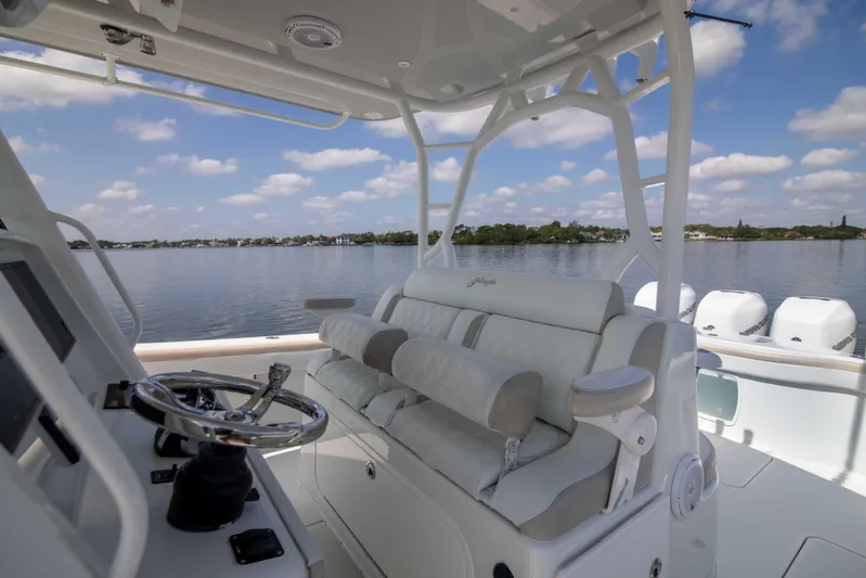 Kat Man Du Yacht Photos Pics 2017 Yellowfin 39 Center Console boat interior with helm and seating.