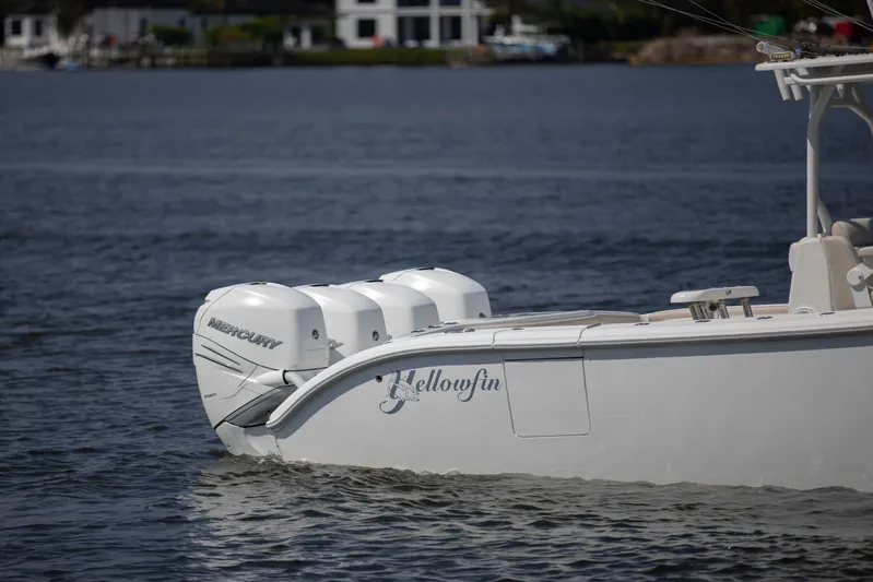 Kat Man Du Yacht Photos Pics 2017 Yellowfin 39 Center Console boat with triple Mercury engines on the water.