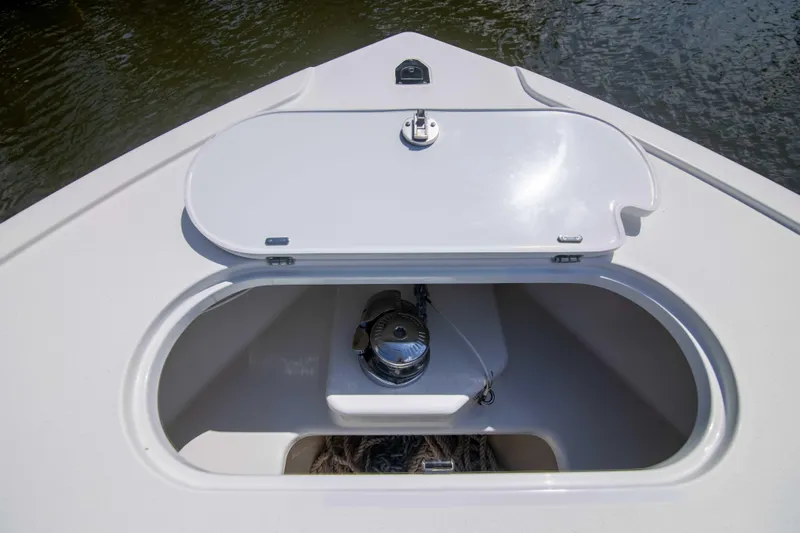 Kat Man Du Yacht Photos Pics Open anchor storage compartment on 2017 Yellowfin 39 Center Console boat.