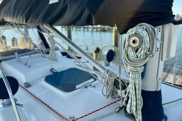 Windfall Yacht Photos Pics Sailboat deck of 1999 Caliber 40LRC with rigging and winch details.