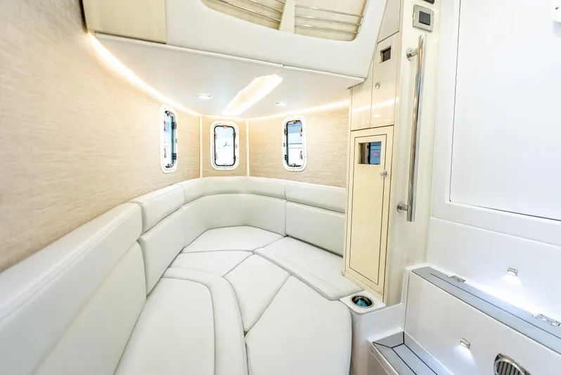Seakeeper Equipped Yacht Photos Pics Luxurious interior of 2024 HCB 42 Lujo boat with elegant seating and modern design.