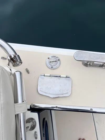 Barbican V Yacht Photos Pics 2014 MJM 36z Downeast boat deck with metal fittings and hatch.