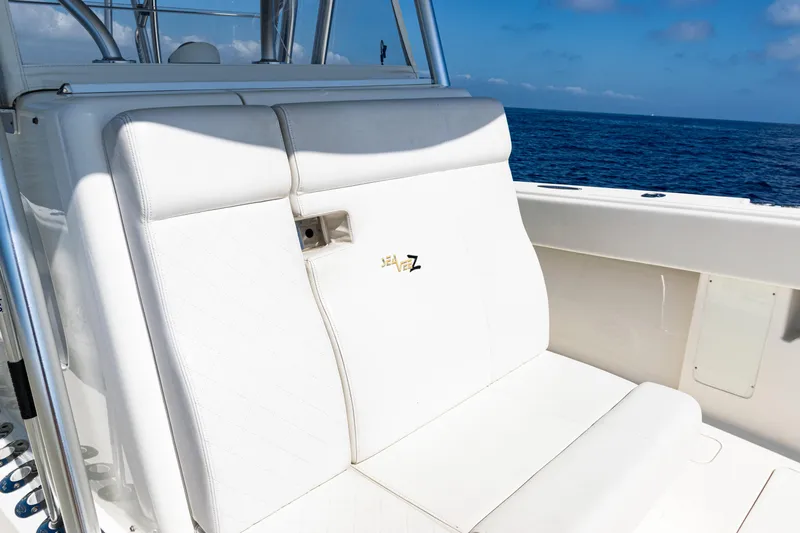  Yacht Photos Pics 2019 SeaVee 390Z boat with white seating, ocean view in background.