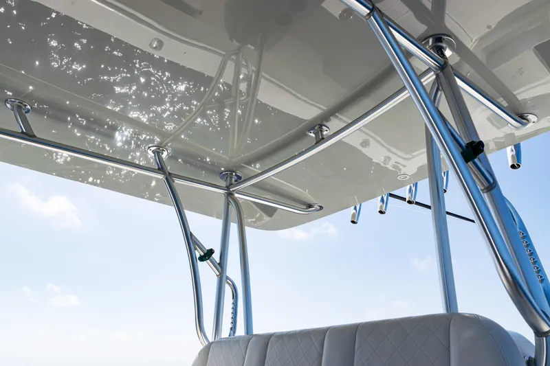  Yacht Photos Pics 2019 SeaVee 390Z boat interior with sleek metal framework and cushioned seating.