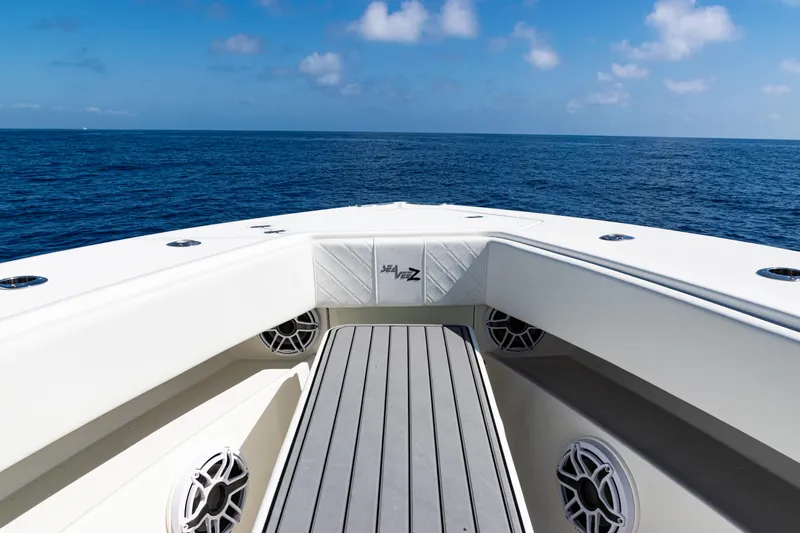  Yacht Photos Pics 2019 SeaVee 390Z boat deck with ocean view, clear sky, and speaker system.