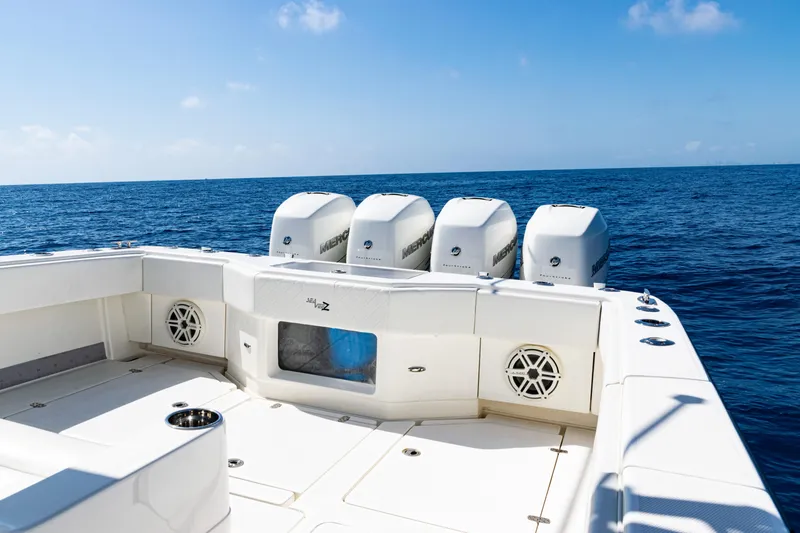  Yacht Photos Pics 2019 SeaVee 390Z boat with four outboard engines on open ocean.