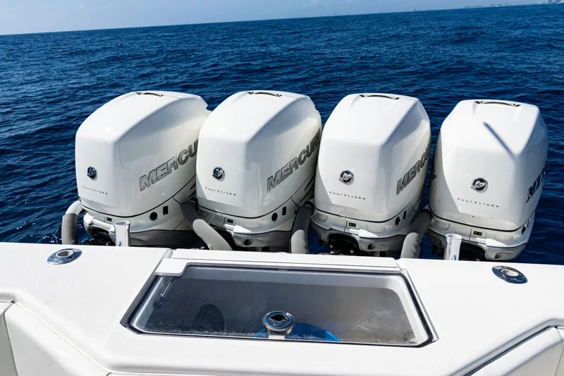  Yacht Photos Pics 2019 SeaVee 390Z boat with four Mercury outboard engines on open water.