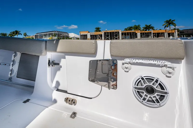  Yacht Photos Pics 2023 Sportsman Open 302 Center Console interior with speaker and seating detail.
