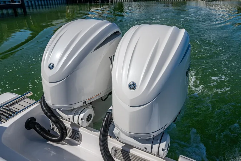  Yacht Photos Pics Twin Yamaha outboard engines on 2023 Sportsman Open 302 Center Console boat.
