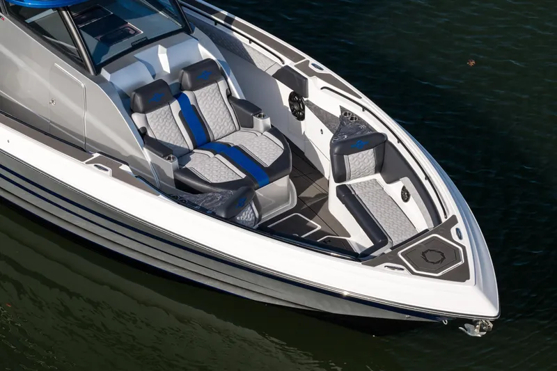  Yacht Photos Pics 2025 Fountain 43 SCX boat with sleek design and luxurious seating on water.
