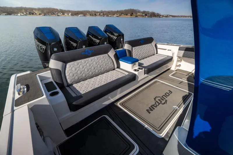  Yacht Photos Pics 2025 Fountain 43 SCX boat interior with seating and four powerful outboard engines.
