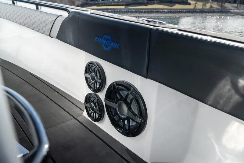  Yacht Photos Pics 2025 Fountain 43 SCX boat interior with speakers and logo detail.