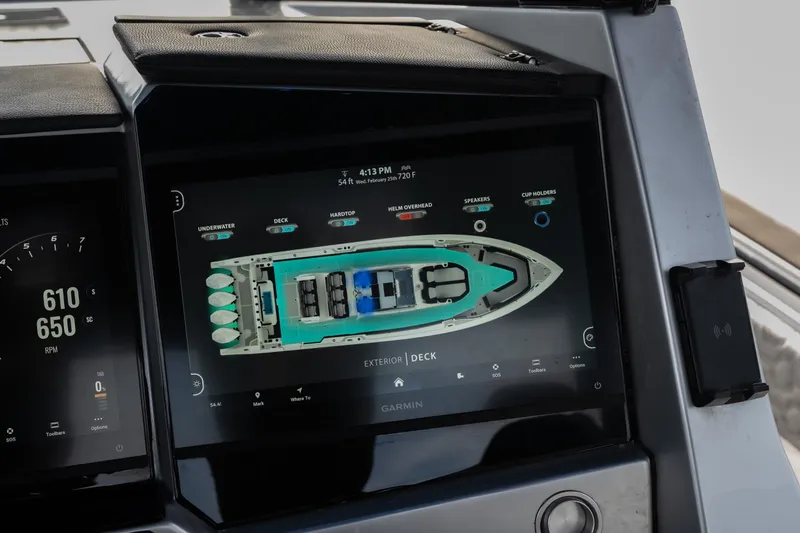  Yacht Photos Pics Dashboard of 2025 Fountain 43 SCX boat with digital navigation display.