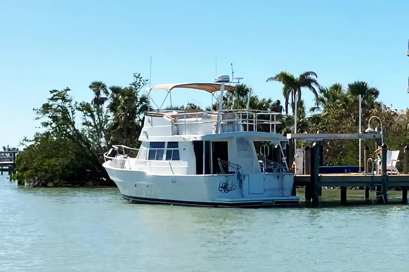 Polly Yacht Photos Pics 2000 Mainship 390 Trawler docked by tropical trees under clear blue sky.