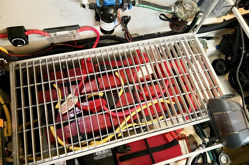 Finding Time Yacht Photos Pics Engine compartment of 2011 Sea Ray 350 Sundancer with battery setup and wiring.