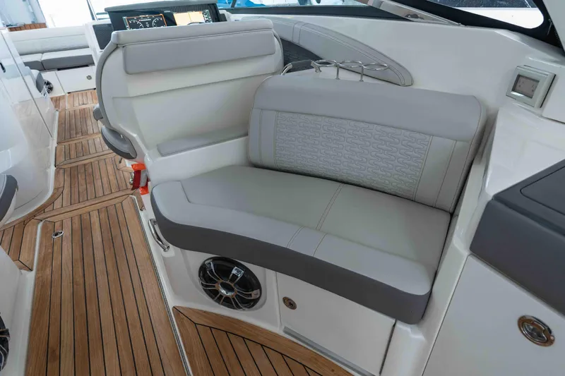  Yacht Photos Pics 2021 Sea Ray SLX 350 interior with luxurious seating and teak flooring.