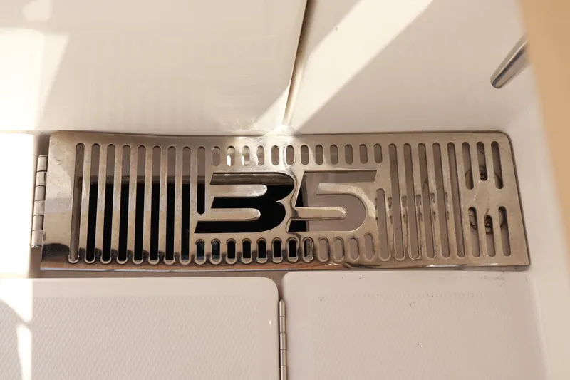  Yacht Photos Pics Chrome grille with "35" emblem on 2025 Regulator 35cc boat.