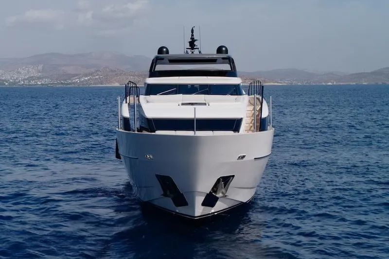  Yacht Photos Pics 2024 Sanlorenzo SL90A yacht on open sea, front view, clear sky.