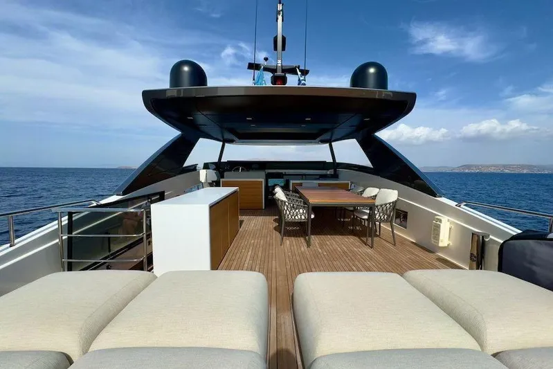  Yacht Photos Pics Luxurious 2024 Sanlorenzo SL90A yacht deck with seating, ocean view, and clear skies.