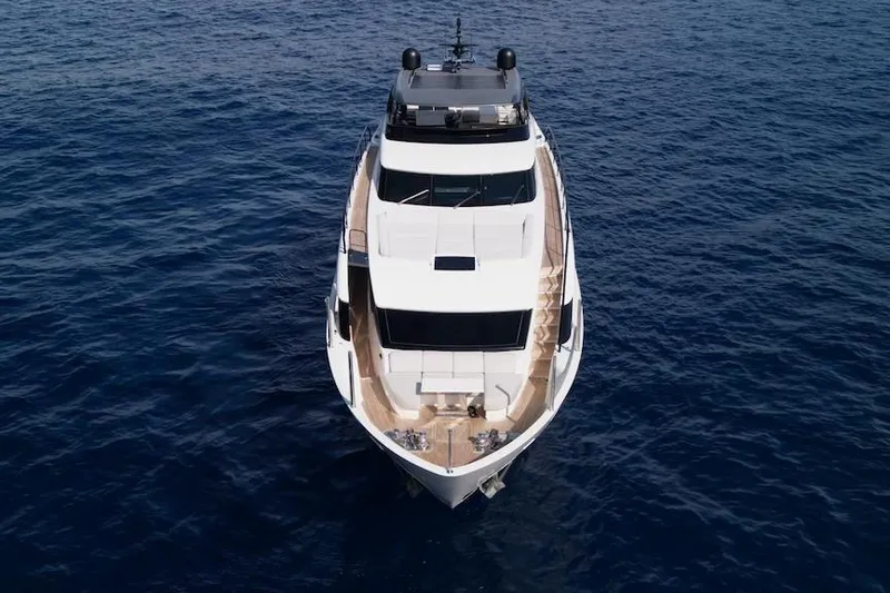  Yacht Photos Pics 2024 Sanlorenzo SL90A yacht on open sea, aerial view.