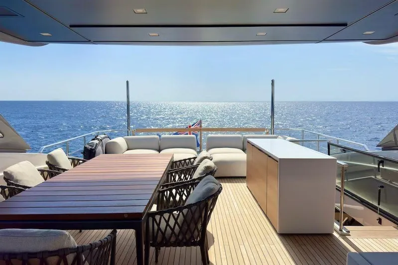  Yacht Photos Pics Luxurious 2024 Sanlorenzo SL90A yacht deck with ocean view, featuring elegant seating and dining area.