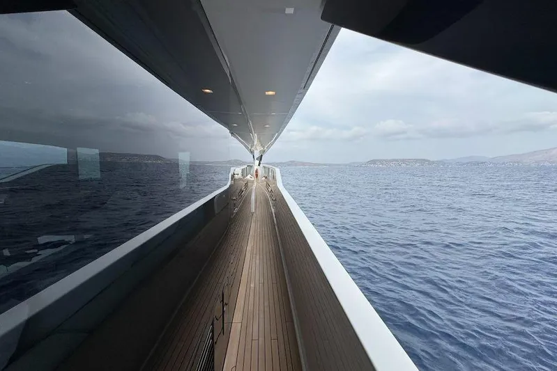  Yacht Photos Pics 2024 Sanlorenzo SL90A yacht deck with ocean view and sleek design.