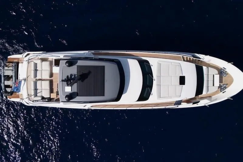  Yacht Photos Pics Aerial view of 2024 Sanlorenzo SL90A luxury yacht on open water.