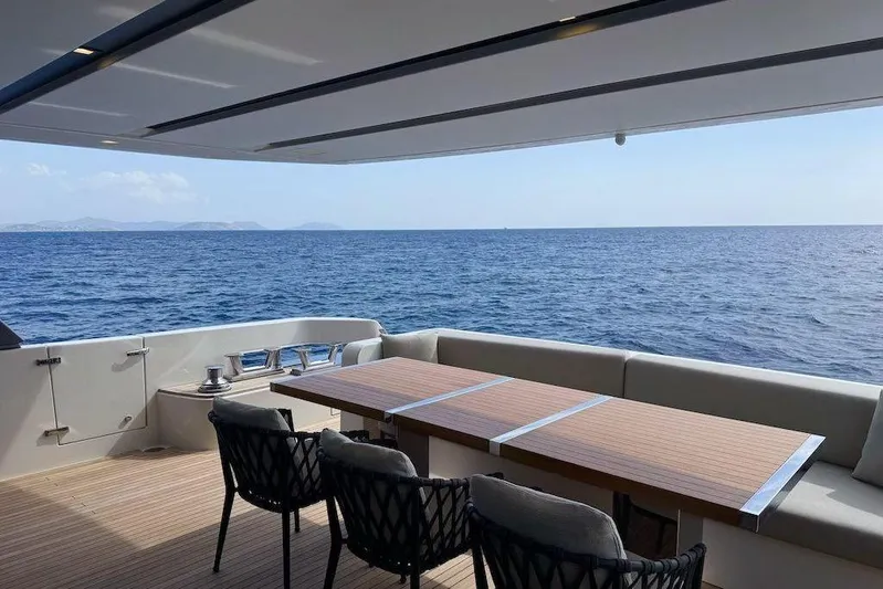  Yacht Photos Pics Luxury 2024 Sanlorenzo SL90A yacht deck with ocean view and elegant seating.