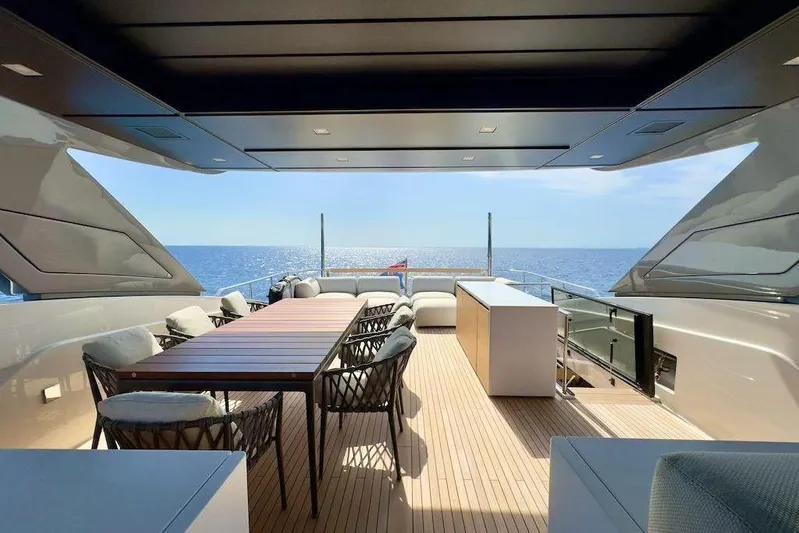  Yacht Photos Pics Luxurious 2024 Sanlorenzo SL90A yacht deck with ocean view and elegant seating.