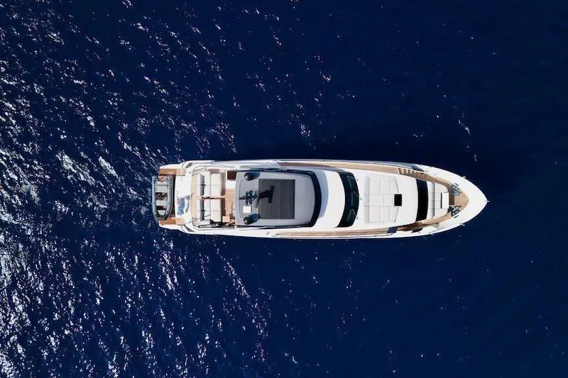  Yacht Photos Pics Aerial view of 2024 Sanlorenzo SL90A yacht on deep blue ocean.