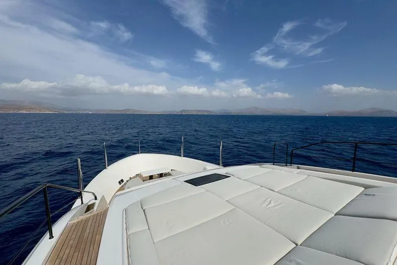  Yacht Photos Pics Luxurious 2024 Sanlorenzo SL90A yacht deck with ocean view and clear skies.