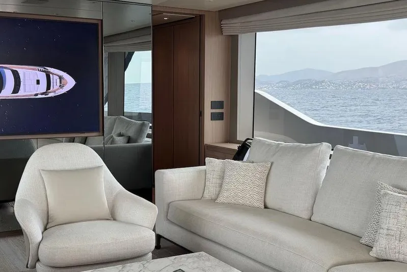  Yacht Photos Pics Luxurious interior of 2024 Sanlorenzo SL90A yacht with elegant seating and sea view.