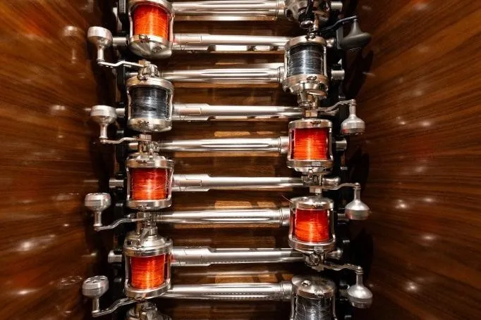 Boujie Yacht Photos Pics Fishing rods and reels stored vertically on a Viking 82 Convertible yacht, 2025 model.