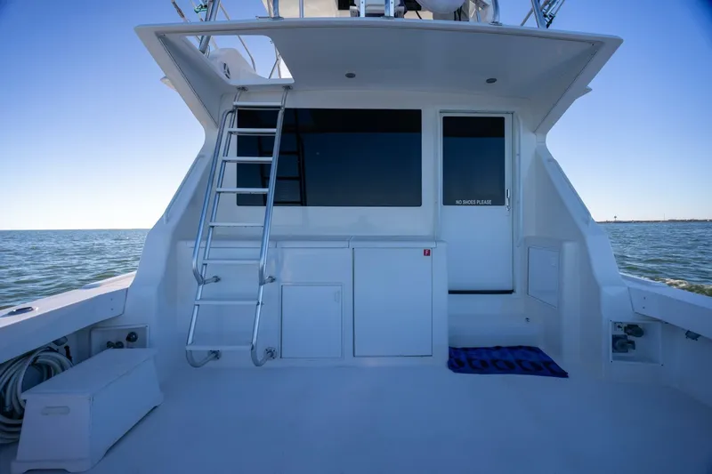 Miss Scarlett Yacht Photos Pics 1998 Viking 50 Convertible yacht deck with ladder and ocean view.