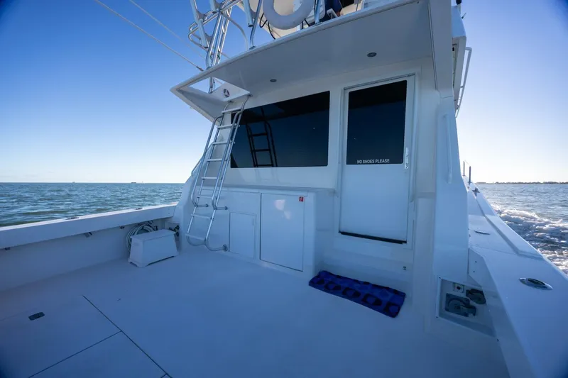 Miss Scarlett Yacht Photos Pics 1998 Viking 50 Convertible yacht deck with ocean view and ladder.