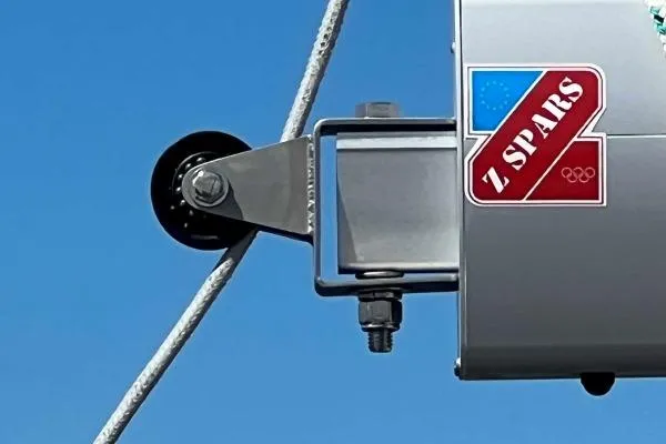 Meraki Yacht Photos Pics Close-up of a NEEL 43 sailboat component with Z Spars branding, 2022 model.