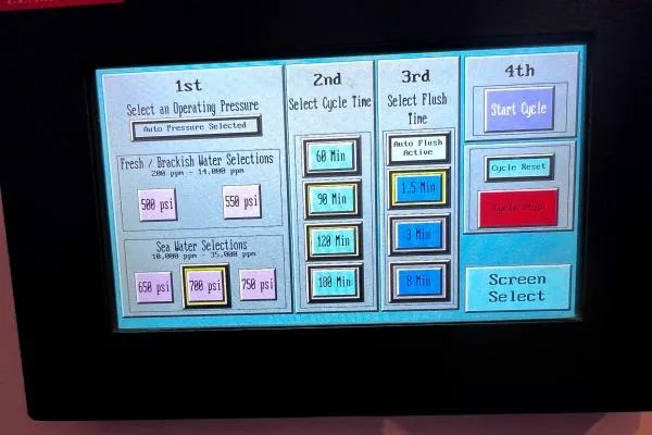 Meraki Yacht Photos Pics Touchscreen control panel for NEEL 43, 2022 model, displaying water pressure and cycle settings.