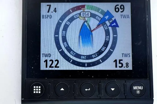 Meraki Yacht Photos Pics Sailing instrument display on NEEL 43, 2022 model, showing speed and wind data.