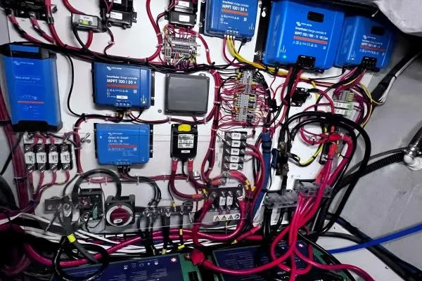 Meraki Yacht Photos Pics Electrical system of a 2022 NEEL 43, featuring wiring and MPPT controllers.